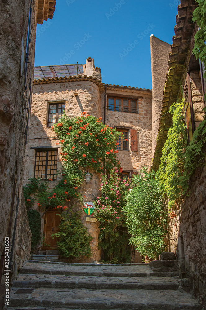View of stone houses in a narrow alley under blue sky, at the gorgeous medieval hamlet of Les Arcs-sur-Argens, near Draguignan. Located in the Provence region, Var department, southeastern France
