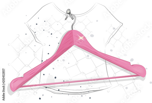 pink hanger. T-shirt outlines. Fashion. Pink veloshka on a white background. A nail in the wall. Vector Hanger.