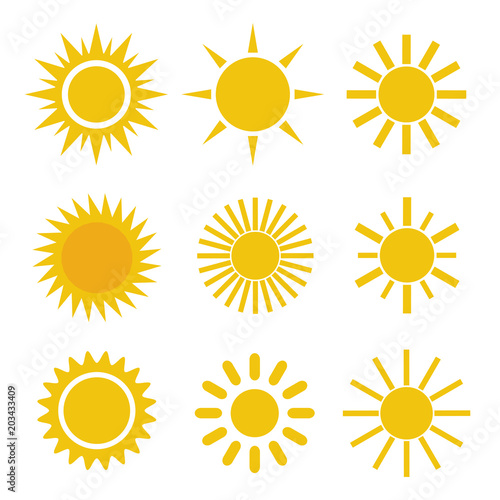 Set of Different Simple Yellow Orange Sun Icons on White Background - Spiky and Wavy Rays