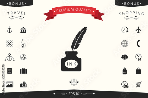 Ink bottle with feather - icon
