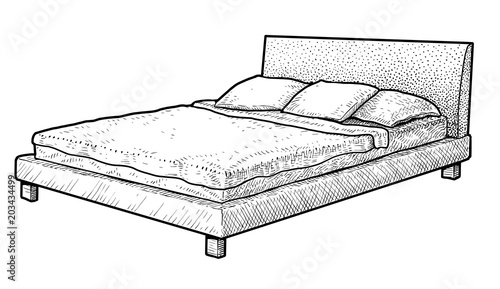 Bed illustration, drawing, engraving, ink, line art, vector
