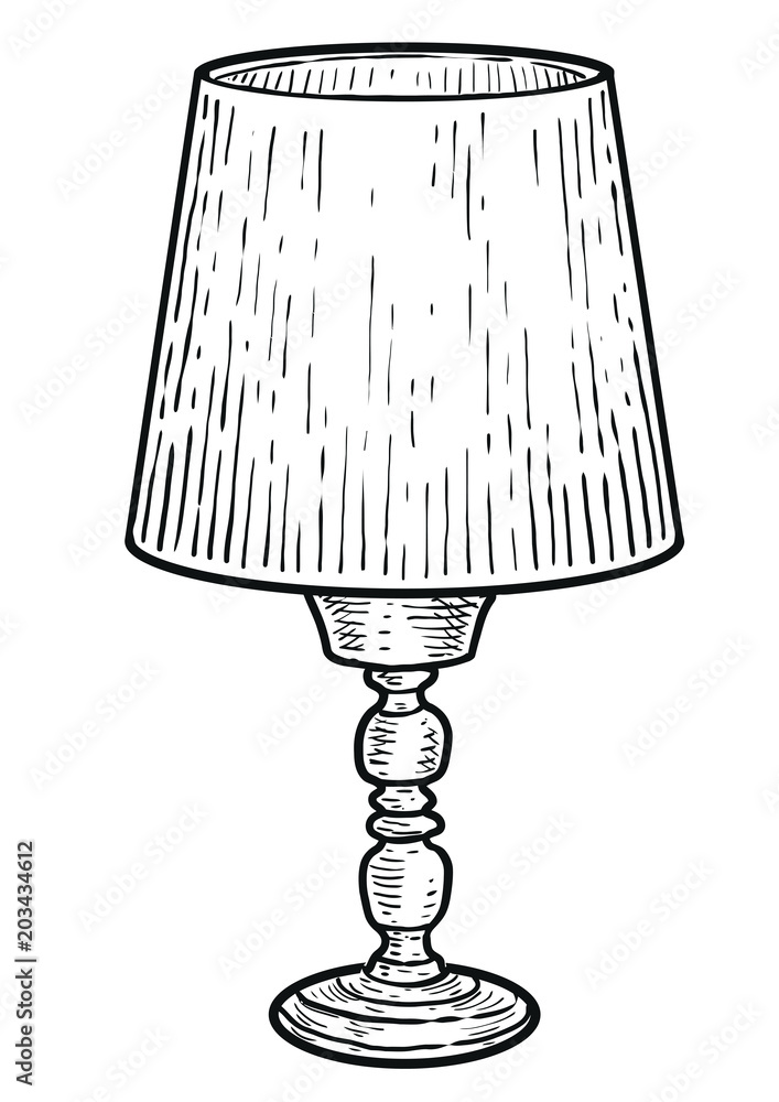 Table lamp illustration, drawing, engraving, ink, line art, vector