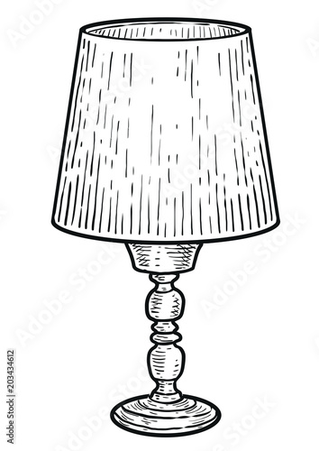 Table lamp illustration, drawing, engraving, ink, line art, vector