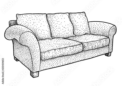 Sofa illustration, drawing, engraving, ink, line art, vector