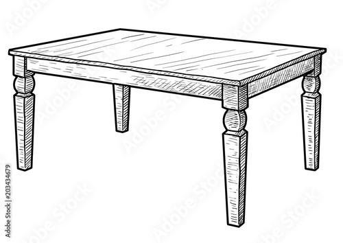 Wooden table illustration, drawing, engraving, ink, line art, vector