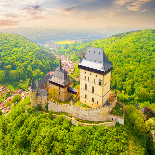 Aerial view to The Karlstejn castle. Royal palace founded King Charles IV. Amazing gothic monument in Czech Republic, Europe. © Kletr