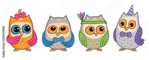 Wallpaper Mural Group, set of cute funny owls on white background. Happy birthday or party. Isolated children's cartoon fairytale illustration, for print or stickers. Fabulous story about animals and birds. Vector. Torontodigital.ca