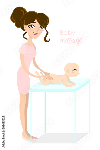 Baby massage for children. Flat isolated vector illustration. Brunette masseuse in pink uniform doing massage for little girl