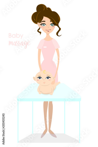 Baby massage for children. Flat isolated vector illustration. Brunette masseuse in pink uniform doing massage for little girl