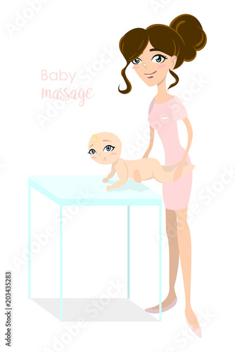 Baby massage for children. Flat isolated vector illustration. Brunette masseuse in pink uniform doing massage for little girl