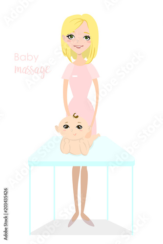 Baby massage for children. Flat isolated vector illustration. Blonde masseuse in pink uniform doing massage for little boy