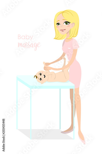 Baby massage for children. Flat isolated vector illustration. Blonde masseuse in pink uniform doing massage for little boy