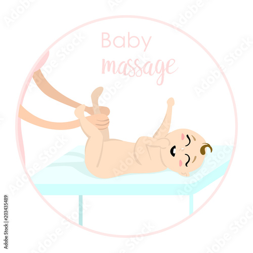 Baby massage for children. Flat isolated vector illustration. Logo. The boy lies on the table.