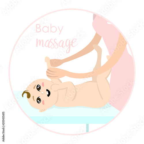 Baby massage for children. Flat isolated vector illustration. Logo. The boy lies on the table.