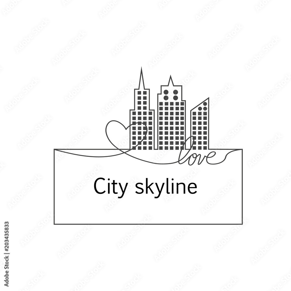 Silhouette of the city and heart and love in continuous drawing lines in a flat style. Modern urban landscape. Vector illustrations. City skyscrapers building office horizon.Continuous line drawing Silhouette of the city and heart and love in continuous drawing lines in a flat style. Modern urban landscape. Vector illustrations. City skyscrapers building office horizon.Continuous line drawing