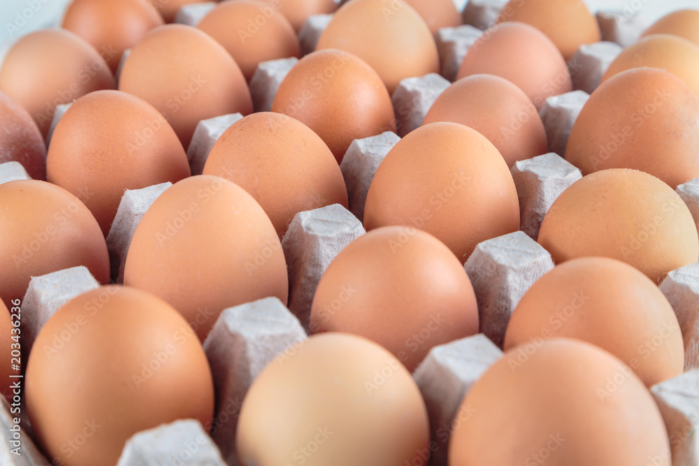 Chicken eggs are fresh in a cardboard package made of recycled waste paper.