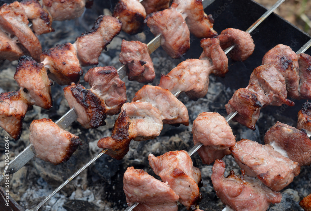 fried meat kebab grilled on charcoal fire for a celebratory dinner fried meat kebab grilled on charcoal fire for a celebratory dinner