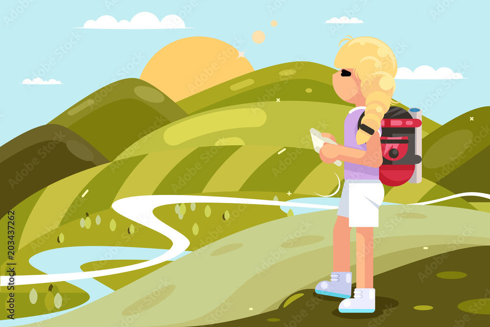 Traveler female girl backpack looking map nature landscape flat design vector illustration