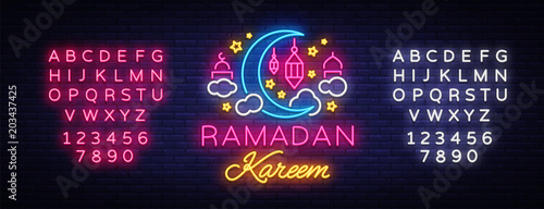 Ramadan Kareem greeting cards, neon sign. Design template, light banner, night neon advert. Ramadan Kareem - Glorious month of Muslim year. Vector illustration. Editing text neon sign