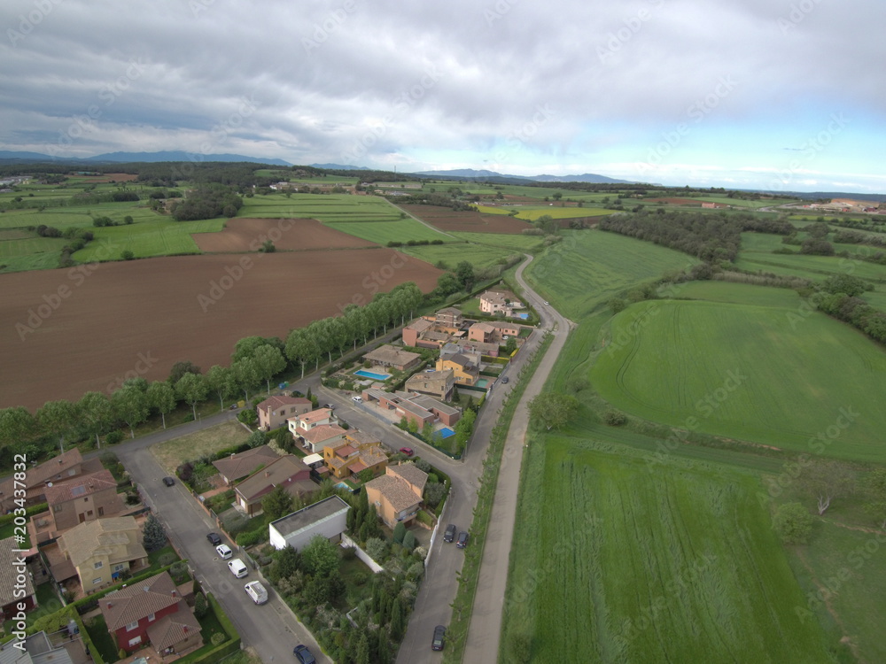 Drone en Pubol, castillo de Gala, sepulcro de la mujer de Dali. Pueblo del Emporda  en Gerona, Costa Brava (Cataluña,España). Fotografia aerea con Dron.