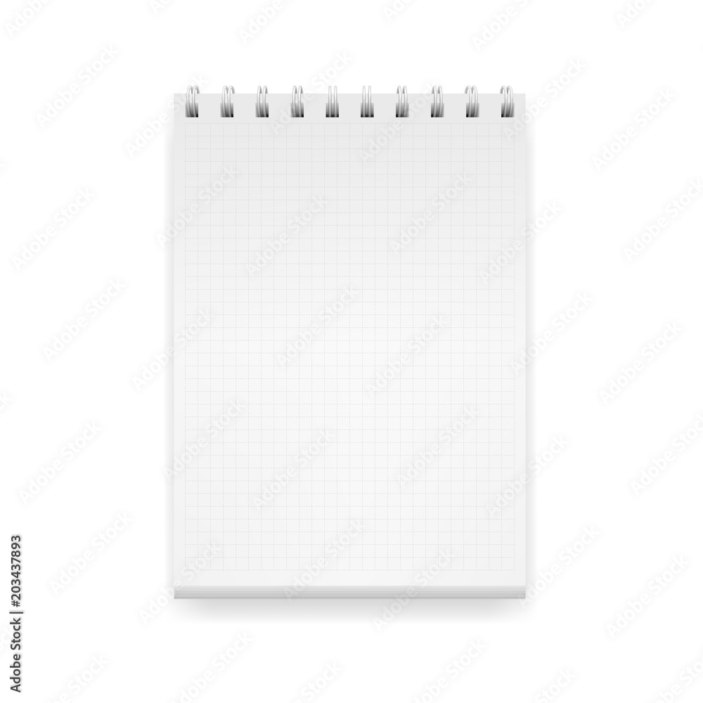 Vector realistic image of a notepad, located vertically, top view. White sheets of paper in a cage (cell lined), fastened with a white spiral. Isolated on white, 3d. Notepad layout. Vector EPS 10 Vector realistic image of a notepad, located vertically, top view. White sheets of paper in a cage (cell lined), fastened with a white spiral. Isolated on white, 3d. Notepad layout. Vector EPS 10