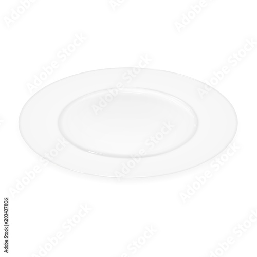 Vector white realistic flat plate. Side view. Layout of a white plate, kitchen accessories, dishes. Isolated on white plate. Layout for the menu of restaurants, cafes. Vector EPS 10.
