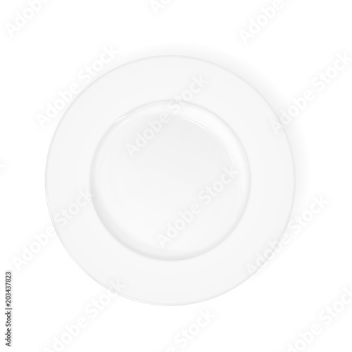 Vector white realistic flat plate. View from above. Layout of a white plate, kitchen accessories, dishes. Isolated on white plate. Layout for the menu of restaurants, cafes. Vector EPS 10.