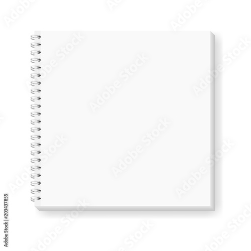 Vector realistic image (mockup) of a notepad located horizontally, top view.  White sheets of paper, fixed with a white spiral. Isolated on white, 3d. Layout of notebook, album for drawing. EPS10