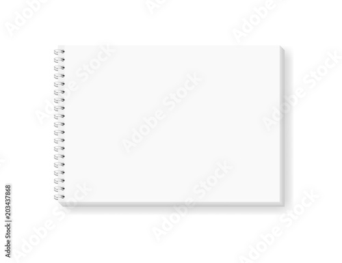 Vector realistic image (mockup) of a notepad located horizontally, top view. A4. White sheets of paper, fixed with a white spiral. Isolated on white, 3d. Layout of notebook, album for drawing. EPS10