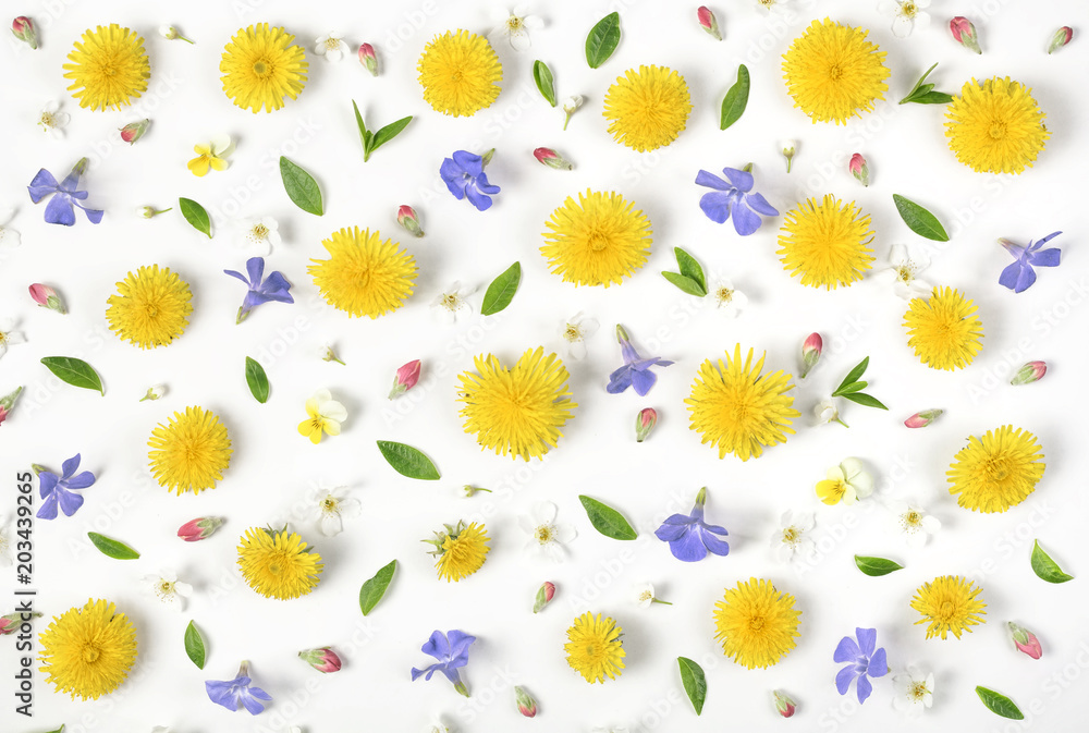 Obraz premium Floral pattern made of yellow dandelion, lilac flowers, pink buds and green leaves isolated on white background. Flat lay. Top view.