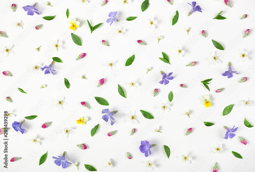Floral pattern made of spring flowers, lilac wildflowers, pink buds and leaves isolated on white background. Flat lay. Top view. Floral pattern made of spring flowers, lilac wildflowers, pink buds and leaves isolated on white background. Flat lay. Top view.