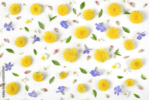 Fototapeta Naklejka Na Ścianę i Meble -  Floral pattern made of yellow dandelion, lilac flowers, pink buds and green leaves isolated on white background. Flat lay. Top view.