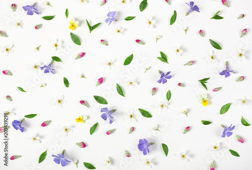 Floral pattern made of spring flowers, lilac wildflowers, pink buds and leaves isolated on white background. Flat lay. Top view.