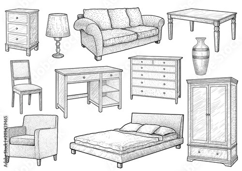 Furniture collection illustration, drawing, engraving, ink, line art, vector