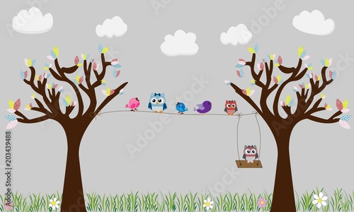 Árboles y cuerda con búhos y nubes 2
