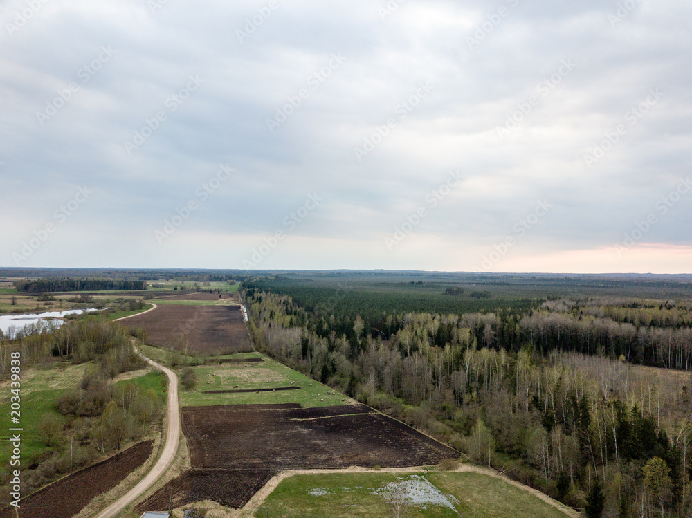 drone image. aerial view of rural area with gravel road network