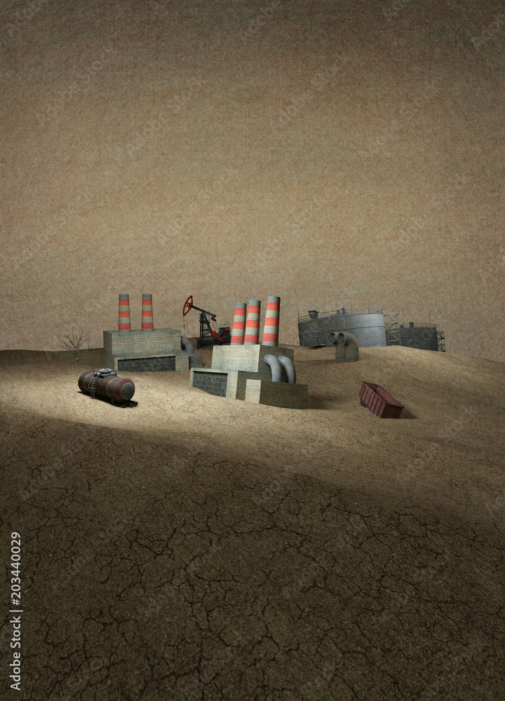 3d illustration. Dying industry. Old factories, oil storage, oil pumps