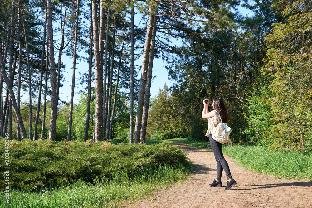 girl with camera taking pictures of nature in spring, beautiful forest and trees on a Sunny day girl with camera taking pictures of nature in spring, beautiful forest and trees on a Sunny day