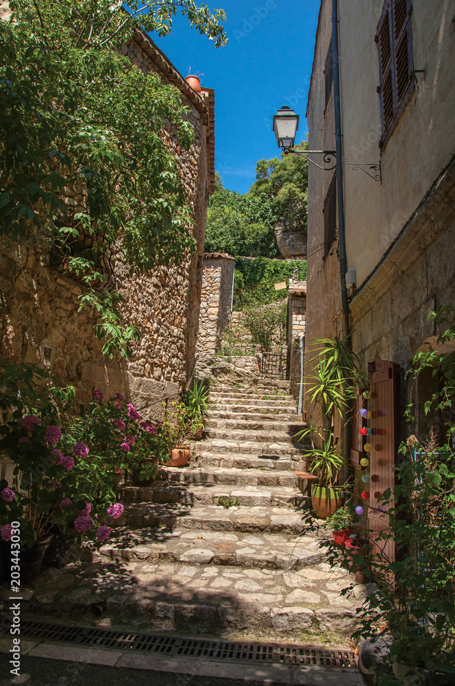 Staircase rising in narrow alley at Chateaudouble, a quiet and tourist village with medieval origin on a sunny summer day. Located in the Var department, Provence region, southeastern France