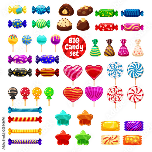 Set of different sweets on white background - hard candies dragee jelly beans peppermint candy. Vector illustration, isolated
