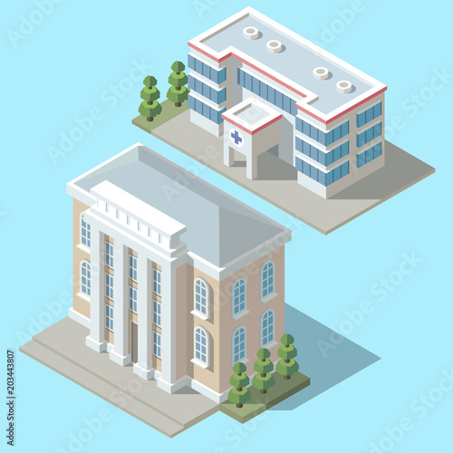Vector 3d isometric hospital, ambulance building with green trees. Cartoon clinic exterior, town infirmary isolated on blue background. Medic multistorey office.