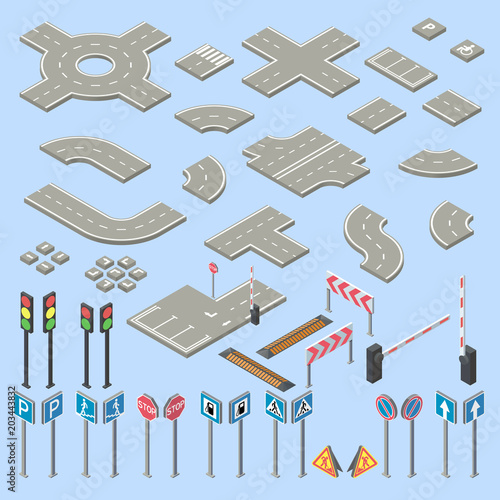 Vector 3d isometric road signs collection, pieces of street, highway. Roadwork, crossroads cartoon elements. Speed hump, different barriers and traffic lights isolated on blue background
