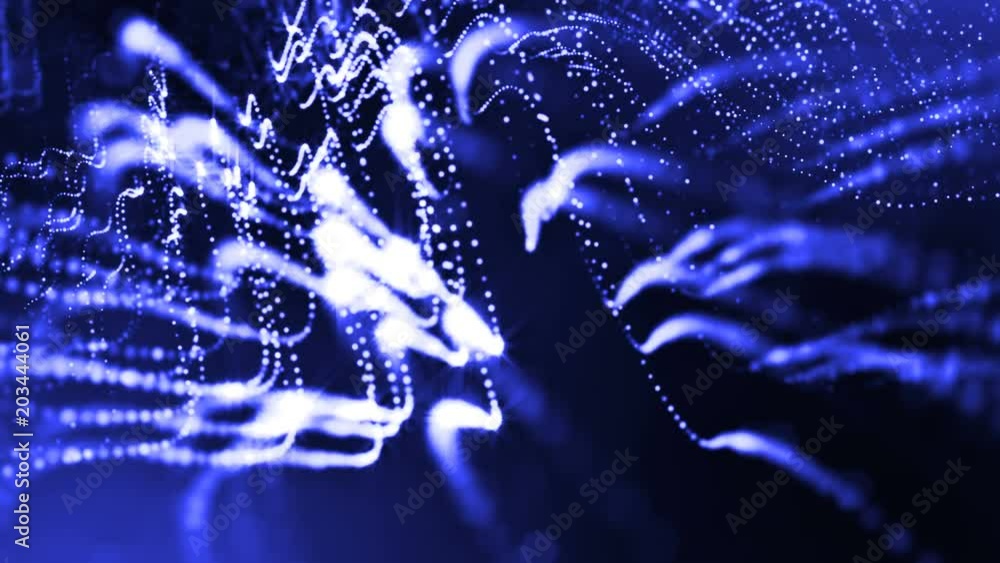 3d render of luminous particles as science fiction background or modern abstract blue background of particles with depth of field and bokeh like vj loop. Particles form line and string structure. 4