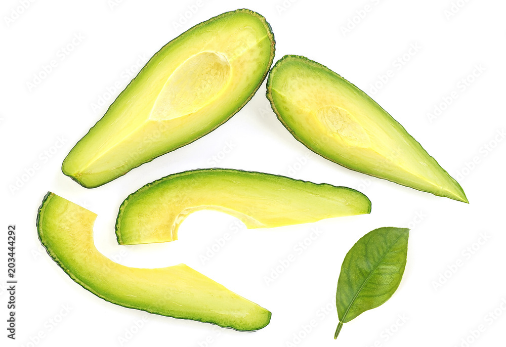 Avocado slices with leaf on white background. Food concept. Stock Photo |  Adobe Stock