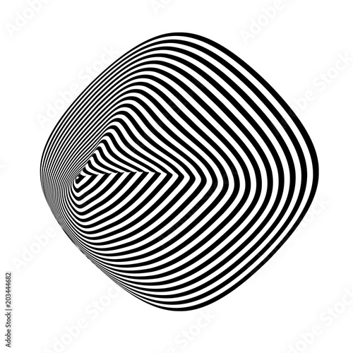 Abstract black and white striped round object. Geometric pattern with visual distortion effect. Illusion of rotation. Op art. Isolated on white background.