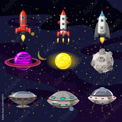 Space cartoon icons set. Planets, rockets, ufo elements on cosmic background, vector, isolated, cartoon style