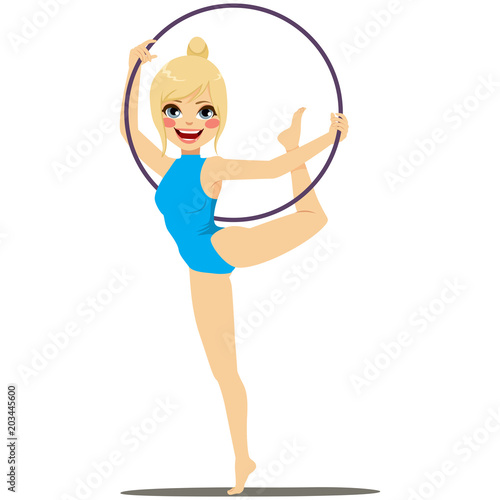 Flexible professional rhythmic gymnastics woman wearing blue leotard performing with hoop