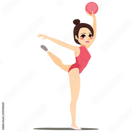 Flexible professional rhythmic gymnastics woman wearing pink leotard performing with ball