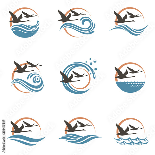 abstract icon collection with swans, sun and waves