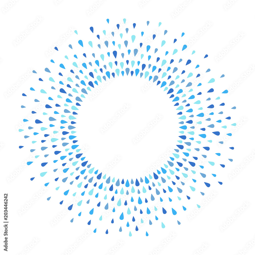 Water drops frame, border with empty space for text. Radial frame made of raindrops, droplets, tears. Circle shape. Shades of blue abstract background. Water drops frame, border with empty space for text. Radial frame made of raindrops, droplets, tears. Circle shape. Shades of blue abstract background.